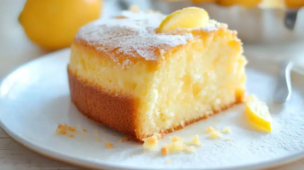 Gâteau au citron recette : Un délice moelleux et parfumé 1 Morceau de gâteau au citron moelleux, nappé de glaçage et décoré de zestes de citron frais.