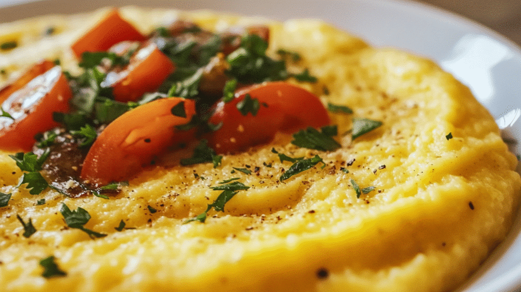 Polenta crémeuse et onctueuse servie chaude, préparée selon une recette polenta facile et savoureuse proposée par SavoryGlobe.