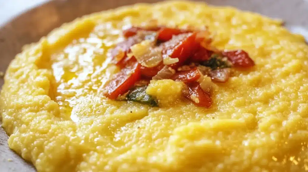 Polenta crémeuse dans une casserole, présentant une texture onctueuse pour une recette réussie.