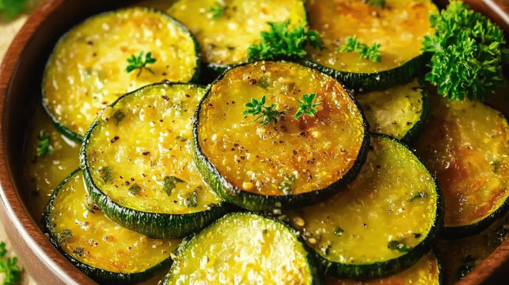 recette de courgette à la poêle dorée et assaisonnée, rondelles de courgettes poêlées garnies d'herbes, dans un bol en bois de SavoryGlobe.