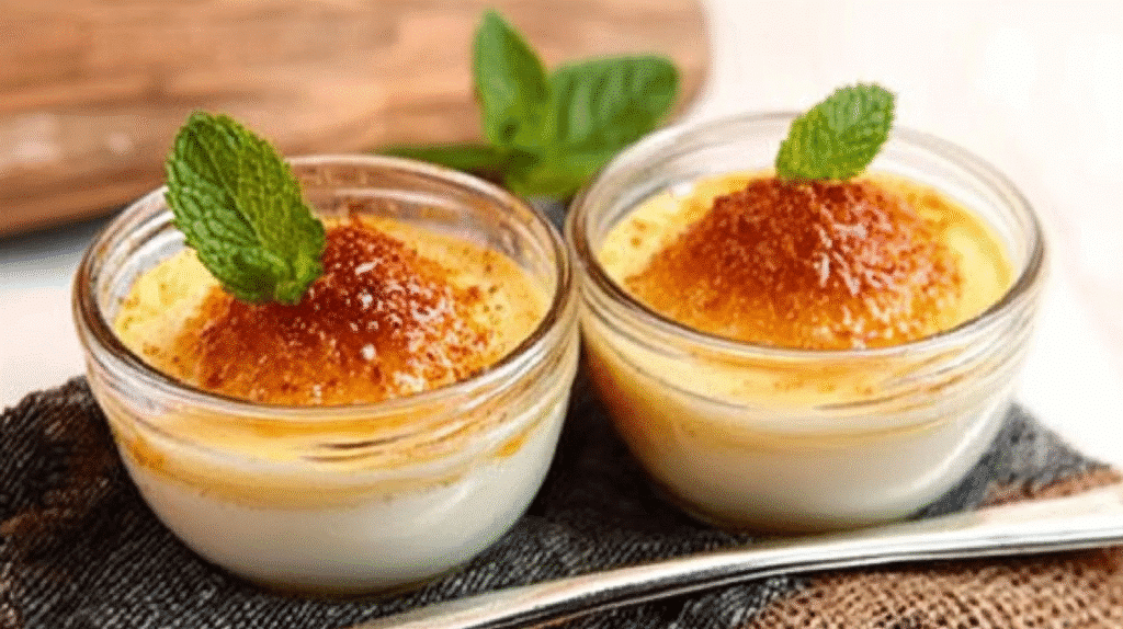 Recette oeufs au Lait : Un Dessert Simple et Délicieux 2 Recette oeufs au lait crémeux et doré, servi dans des ramequins individuels avec une délicate couche de caramel sur le dessus.