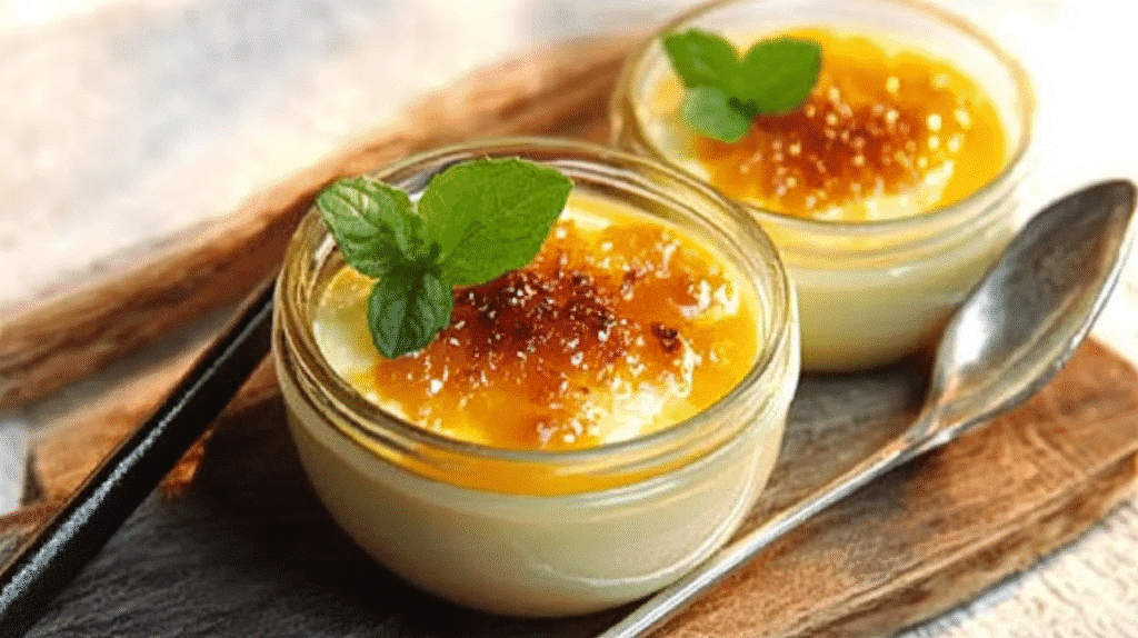 Recette oeufs au Lait : Un Dessert Simple et Délicieux 1 recette oeufs au lait traditionnel, caramélisé et garni d'une feuille de menthe fraîche, servi dans des ramequins, de SavoryGlobe.