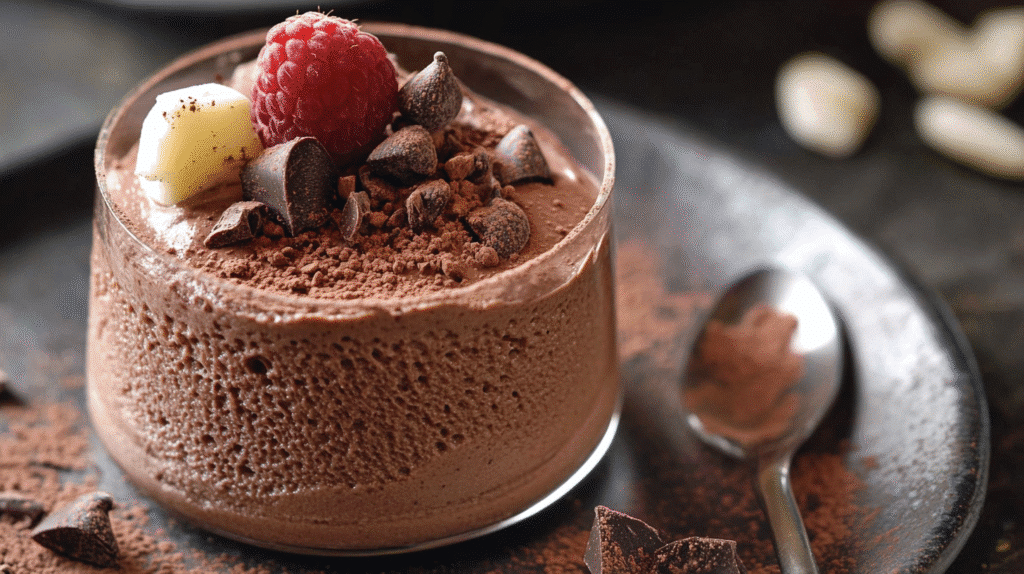 Bol de mousse au chocolat à l’ancienne, onctueuse et traditionnelle, décorée de copeaux de chocolat.