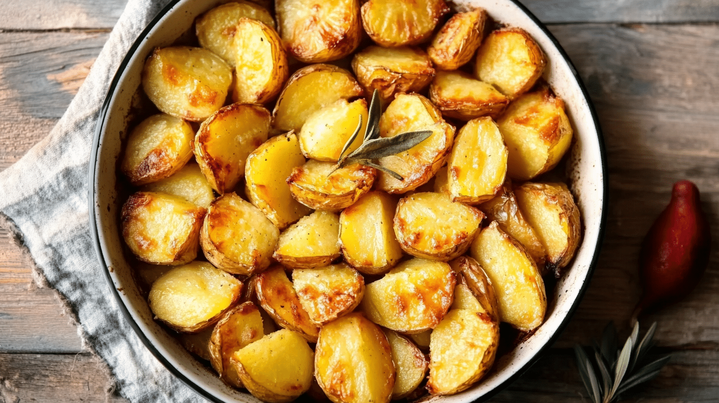 pomme de terre au four recette facile, dorées et croustillantes, garnies de romarin frais, dans un plat de cuisson de SavoryGlobe.