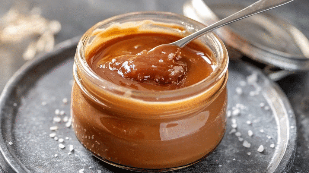 Recette caramel beurre salé liquide et onctueux, dans un pot en verre avec une cuillère, sur un plateau gris de SavoryGlobe.