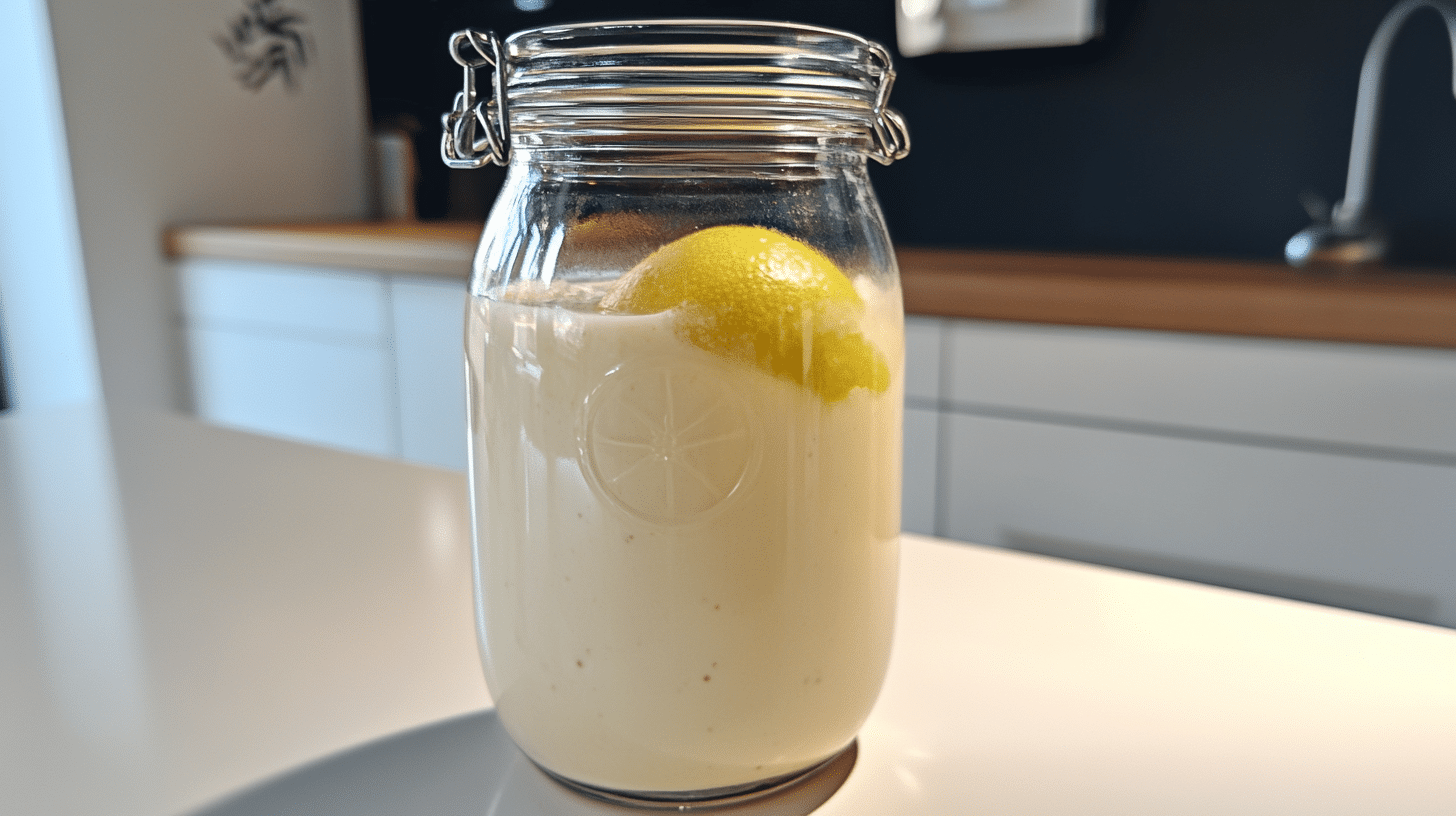 Verre de kéfir frais accompagné de fruits rouges et de graines, présenté sur une table en bois avec des ingrédients naturels.