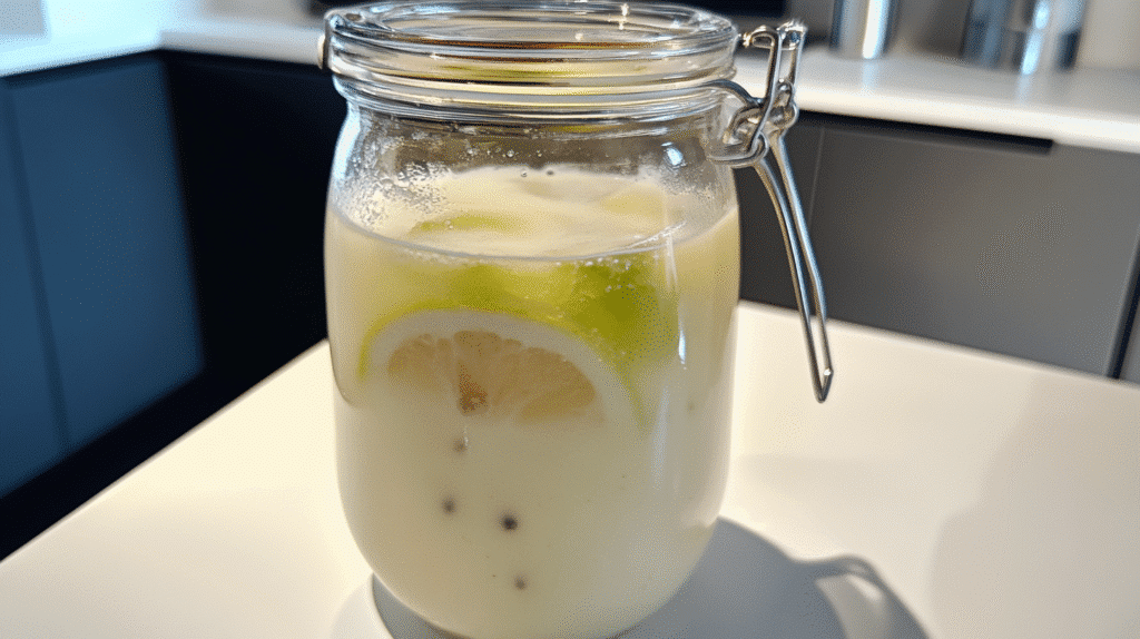 Recette kéfir de fruits coloré servi dans un bocal en verre avec des fruits frais et des herbes.