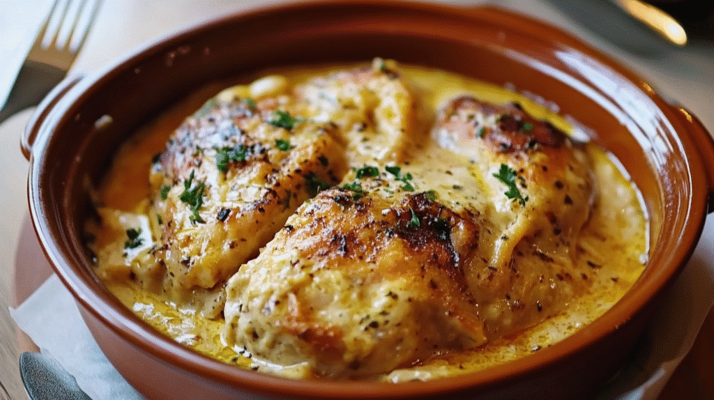 lapin à la moutarde crémeux et mijoté, servi avec une sauce riche et du persil frais dans un plat en fonte de SavoryGlobe.