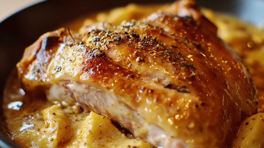Plat de lapin à la moutarde, doré et sortant du four, accompagné de pommes de terre et d'herbes aromatiques.