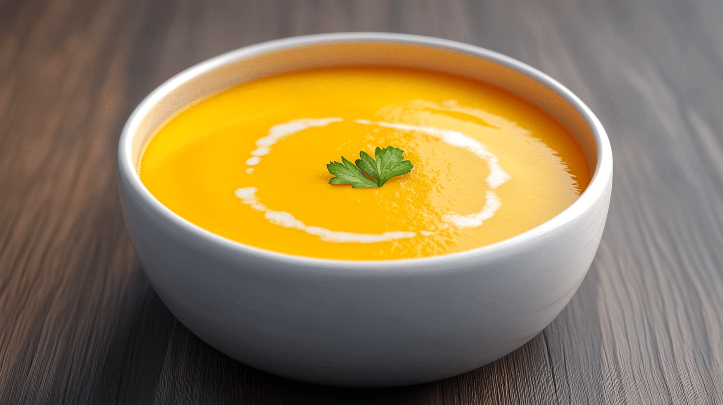 soupe butternut crémeuse et onctueuse, garnie d'une feuille de persil et de poivre, dans un bol blanc, de SavoryGlobe.