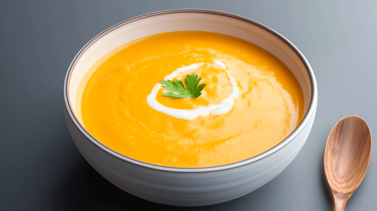 recette soupe butternut crémeuse et veloutée, servie dans un bol avec des graines de courge et un filet de crème