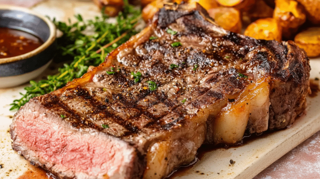 Comment réussir la cuisson d’une côte de bœuf au four : astuces et temps de cuisson 2 Côte de bœuf parfaitement cuite au four, dorée à l'extérieur et rosée à l'intérieur, reposant sur une planche à découper.