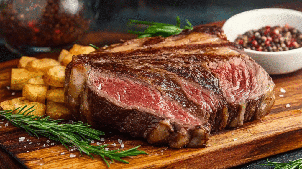 Comment réussir la cuisson d’une côte de bœuf au four : astuces et temps de cuisson 1 Côte de bœuf juteuse cuite au four, dorée et savoureuse, présentée sur une planche en bois avec des herbes fraîches et des légumes rôtis.