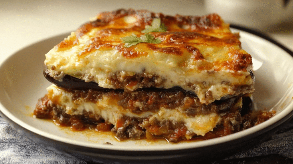 Assiette de moussaka à l’aubergine, recette moussaka traditionnelle grecque gratinée au four – SavoryGlobe