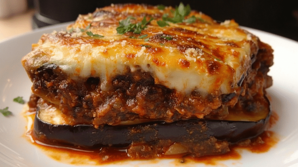 Portion de Recette Moussaka grecque ou turque, avec couches d'aubergines, de sauce tomate à la viande hachée et de béchamel gratinée, garnie de persil.