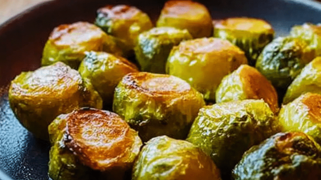 Recette choux de Bruxelles : cuisson parfaite, assaisonnement savoureux et astuces de chef 1 Choux de Bruxelles rôtis et caramélisés, assaisonnés d'herbes et de sel, servis dans un plat en fonte sur une planche en bois.