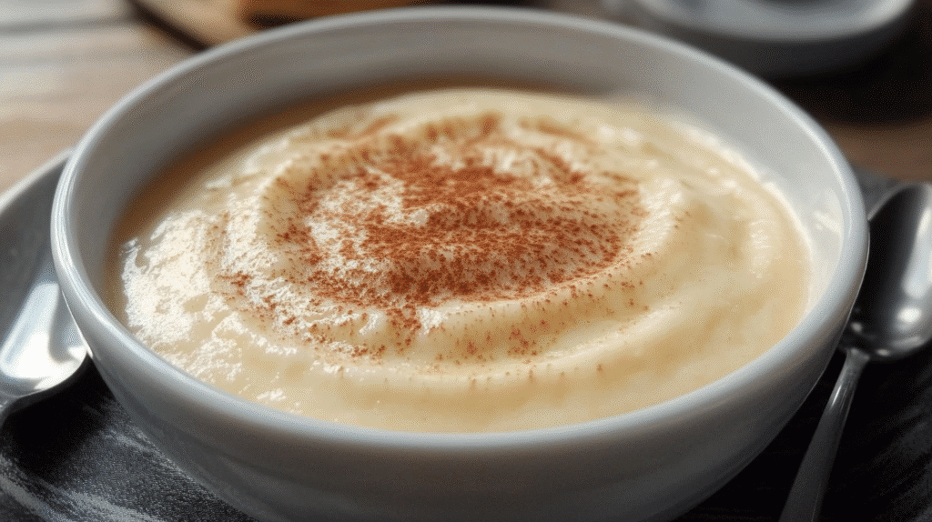 Semoule au Lait Maison : La Recette Facile et Crémeuse 1 semoule au lait maison crémeuse, saupoudrée de cannelle, servie dans un bol blanc, un dessert réconfortant de SavoryGlobe.