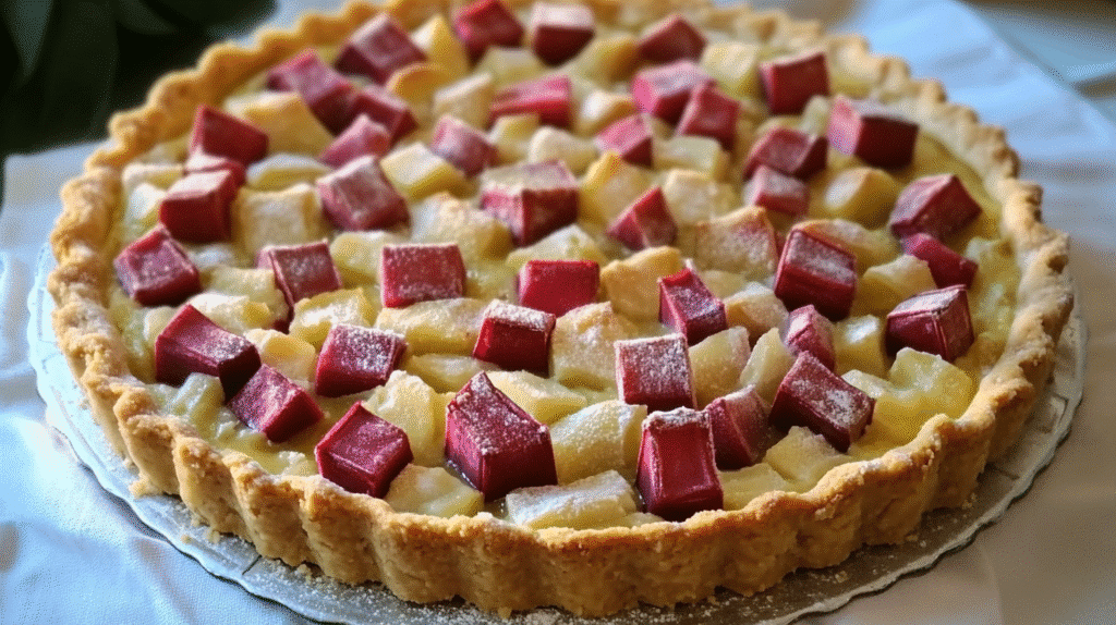 tarte rhubarbe façon grand-mère, avec pâte maison rustique et morceaux de rhubarbe, saupoudrée de sucre glace, SavoryGlobe.